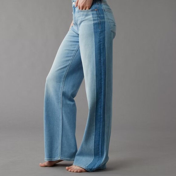 AE Dreamy Drape Stretch Stripe Super High-Waisted Baggy Wide-Leg Jean (12 Long) - Picture 1 of 8